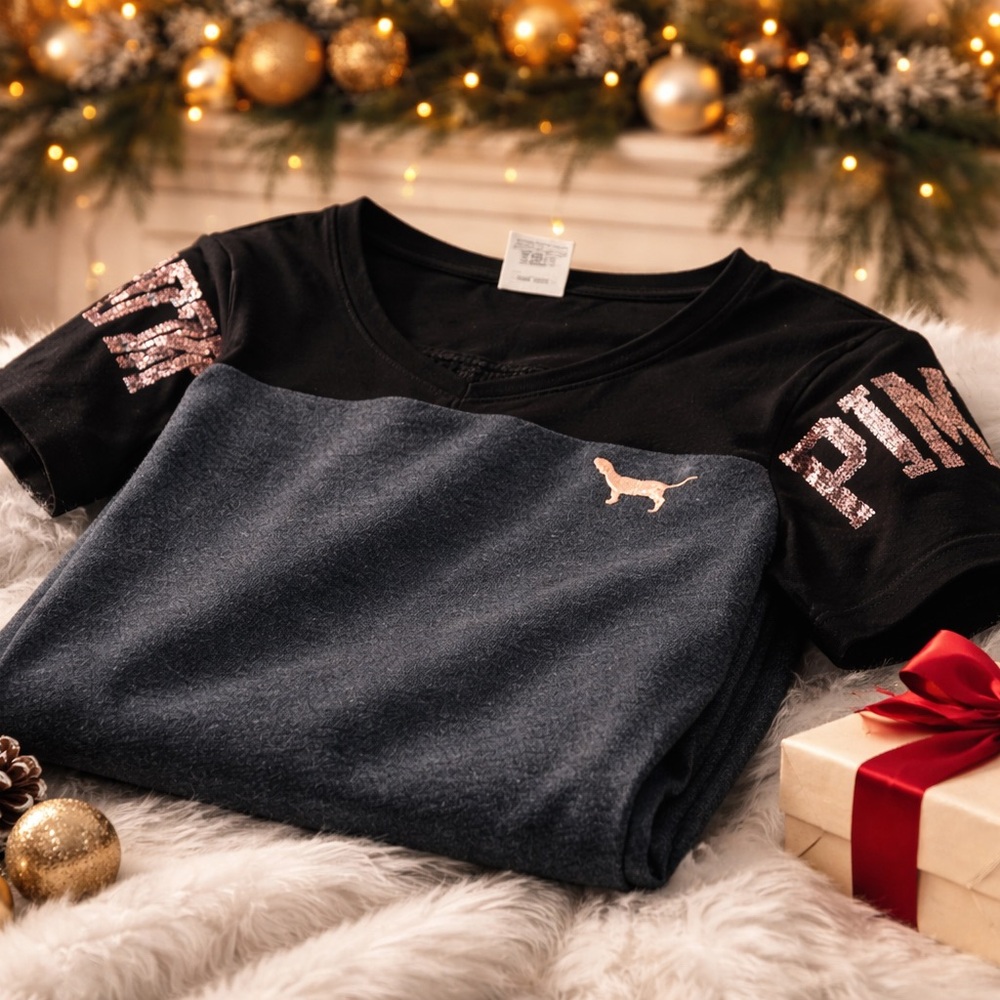 PINK Victoria's Secret Black & Navy Short Sleeve Tee with Rose Gold Logo